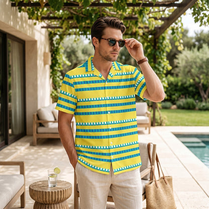 Good Wishes 365 men's short sleeve button-up shirt with yellow, blue, and white horizontal stripes and camp collar