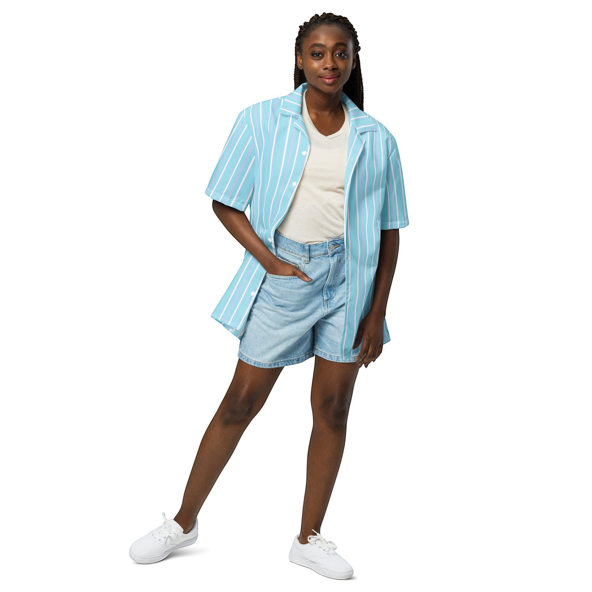 Good Wishes 365 light blue and white striped short sleeve button-up shirt with UPF50+ protection worn by a model.