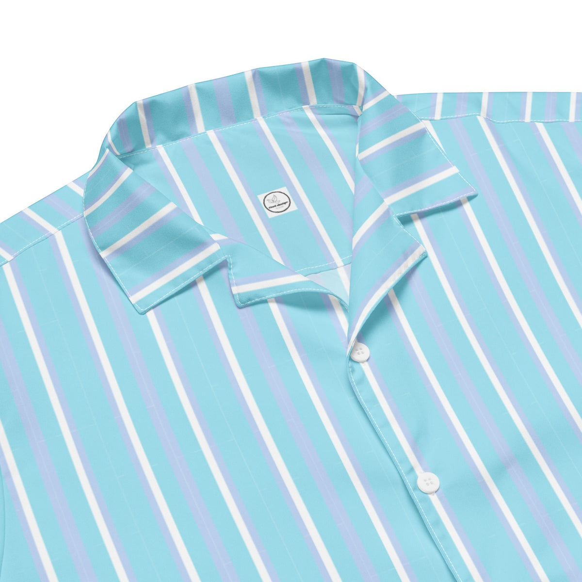 Good Wishes 365 light blue and white vertical striped short sleeve button-up shirt with a classic camp collar.