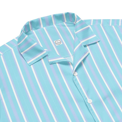 Good Wishes 365 light blue and white vertical striped short sleeve button-up shirt with a classic camp collar.