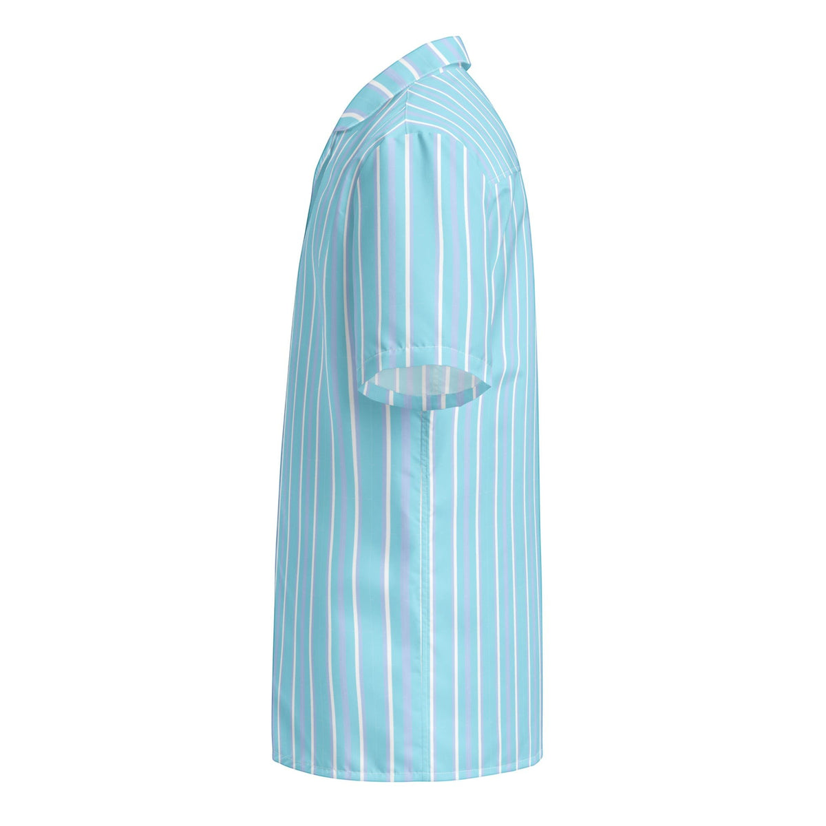 Good Wishes 365 light blue and white vertical striped short sleeve button-up shirt with a camp collar, side view.