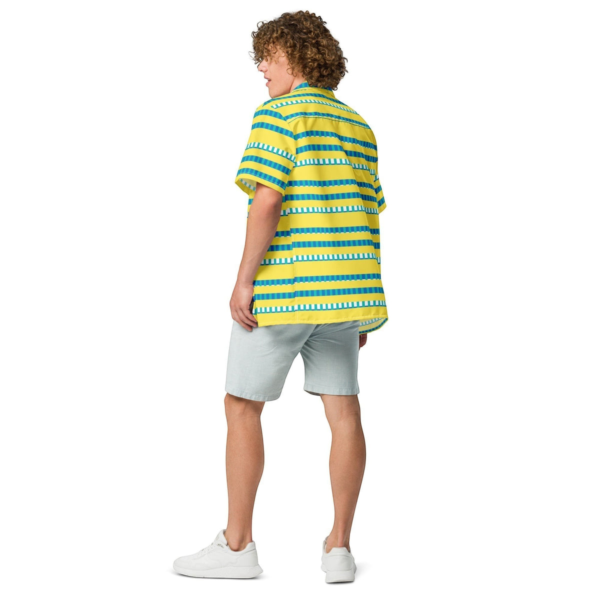 Good Wishes 365 men's short sleeve button-up shirt with yellow, blue, and white horizontal stripes and camp collar.