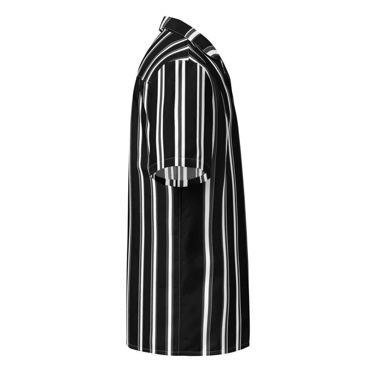 Good Wishes 365 black and white vertical striped short sleeve button-up shirt with a camp collar, side view.
