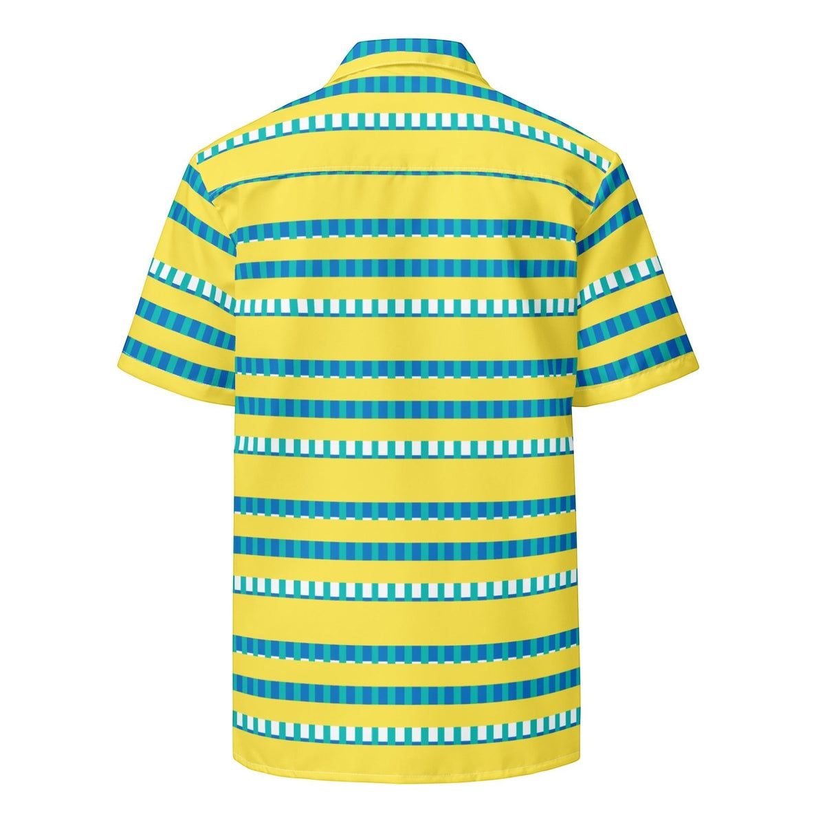 Good Wishes 365 short sleeve button-up shirt featuring a vibrant yellow, blue, and white horizontal stripe pattern.