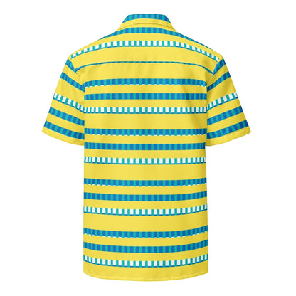 Good Wishes 365 short sleeve button-up shirt featuring a vibrant yellow, blue, and white horizontal stripe pattern.