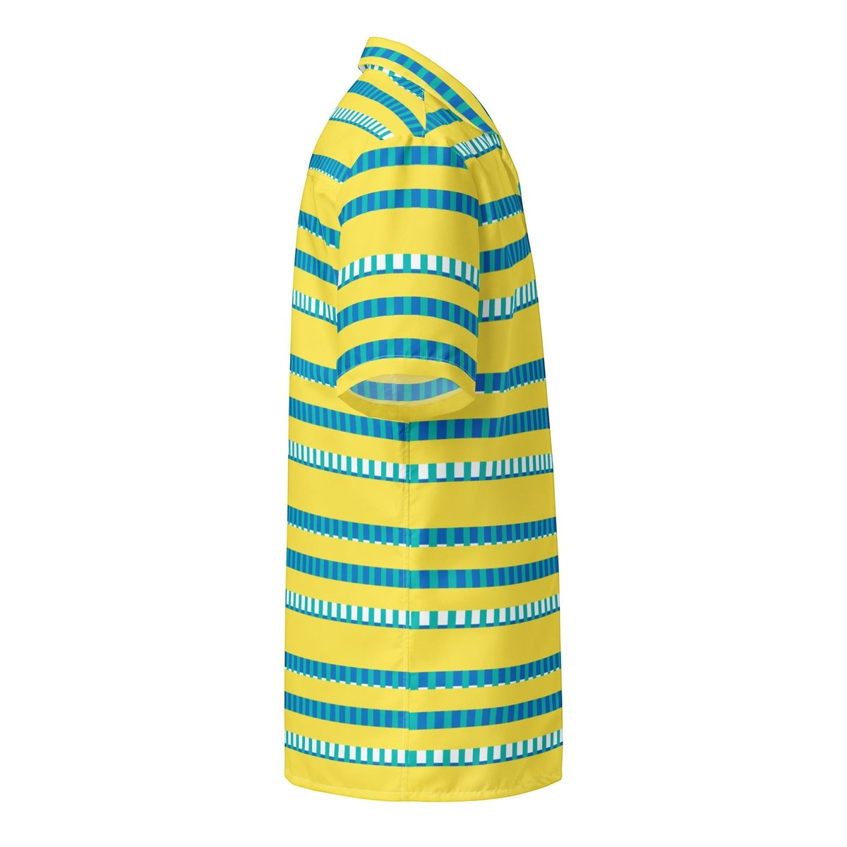 Good Wishes 365 casual short sleeve button-up shirt in yellow, blue, and white horizontal stripes with a camp collar.