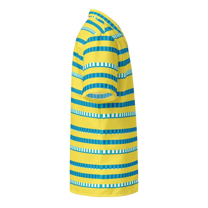 Good Wishes 365 casual short sleeve button-up shirt in yellow, blue, and white horizontal stripes with a camp collar.