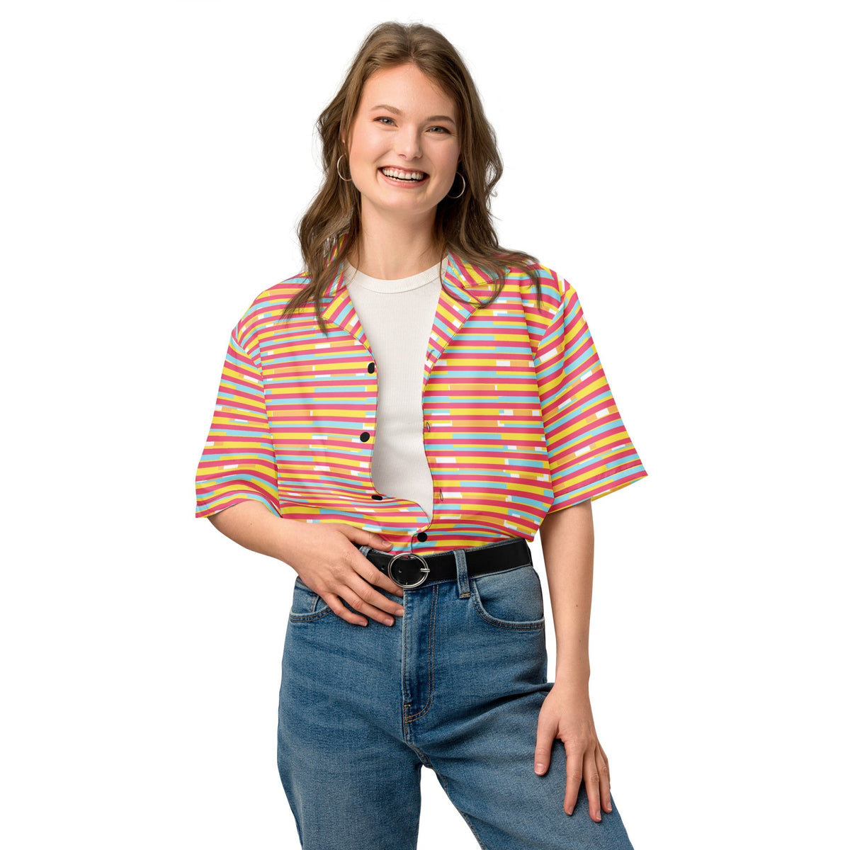Good Wishes 365 unisex short sleeve button-up shirt with dark pink, yellow, and blue stripes over a white t-shirt.