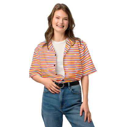 Good Wishes 365 unisex short sleeve button-up shirt with dark pink, yellow, and blue stripes over a white t-shirt.