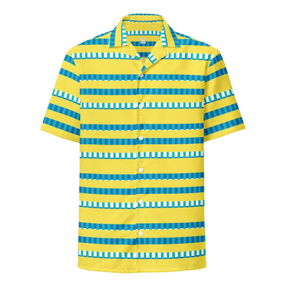 Good Wishes 365 short sleeve button-up shirt in yellow, blue, and white horizontal stripes with a camp collar.