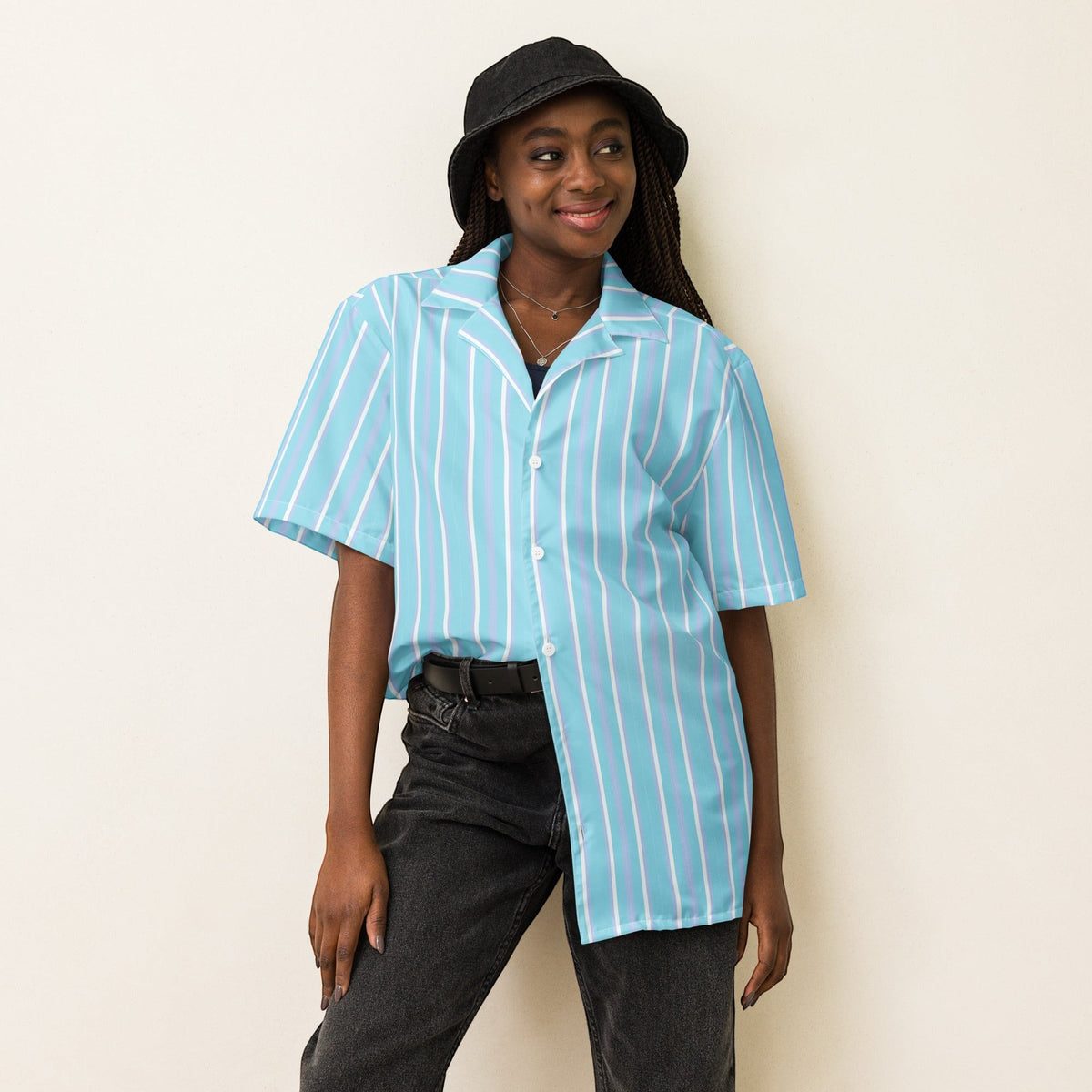 Good Wishes 365 light blue and white striped short sleeve button-up shirt with camp collar worn by a smiling woman.