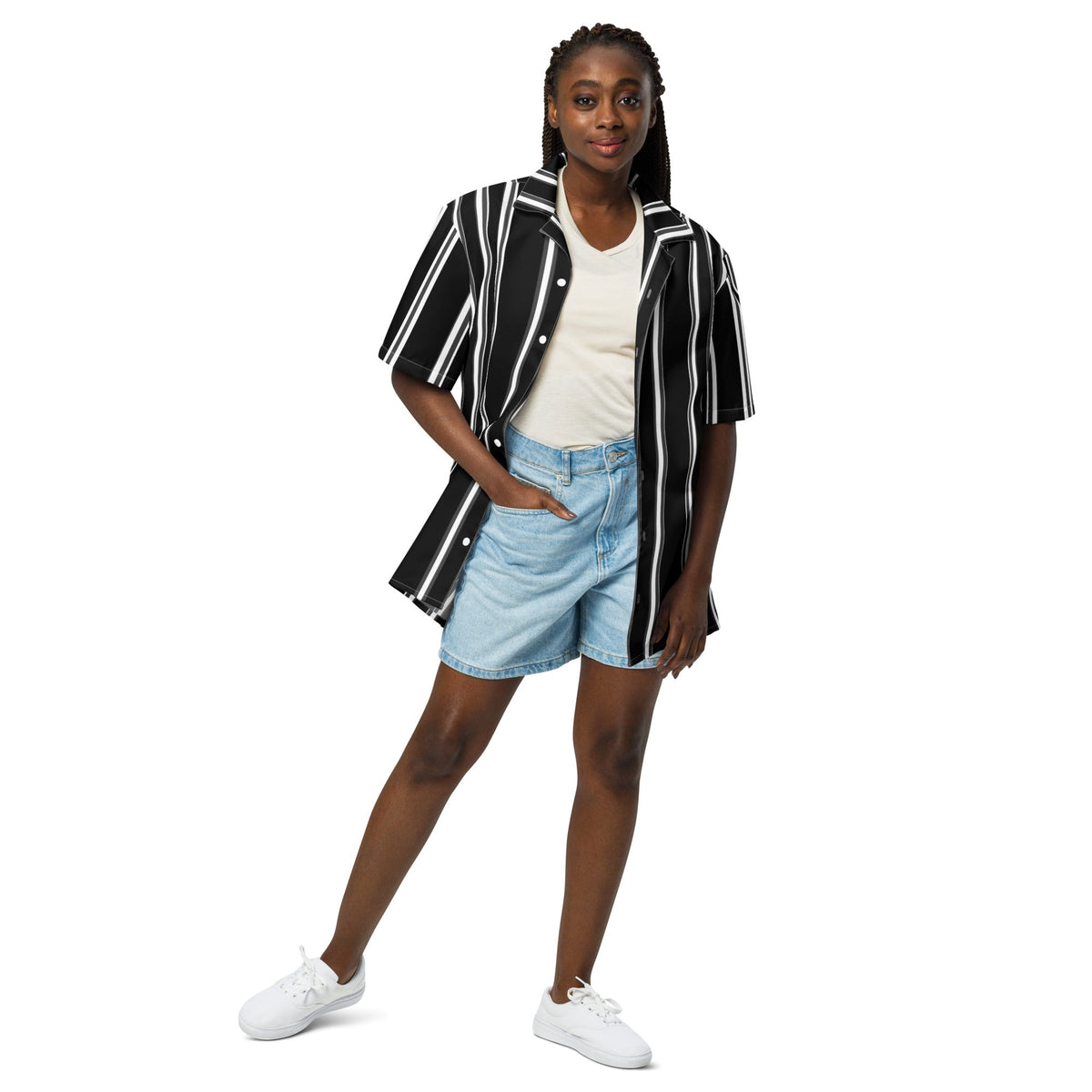 Good Wishes 365 black and white striped short sleeve button-up shirt worn open over a white top and denim shorts.