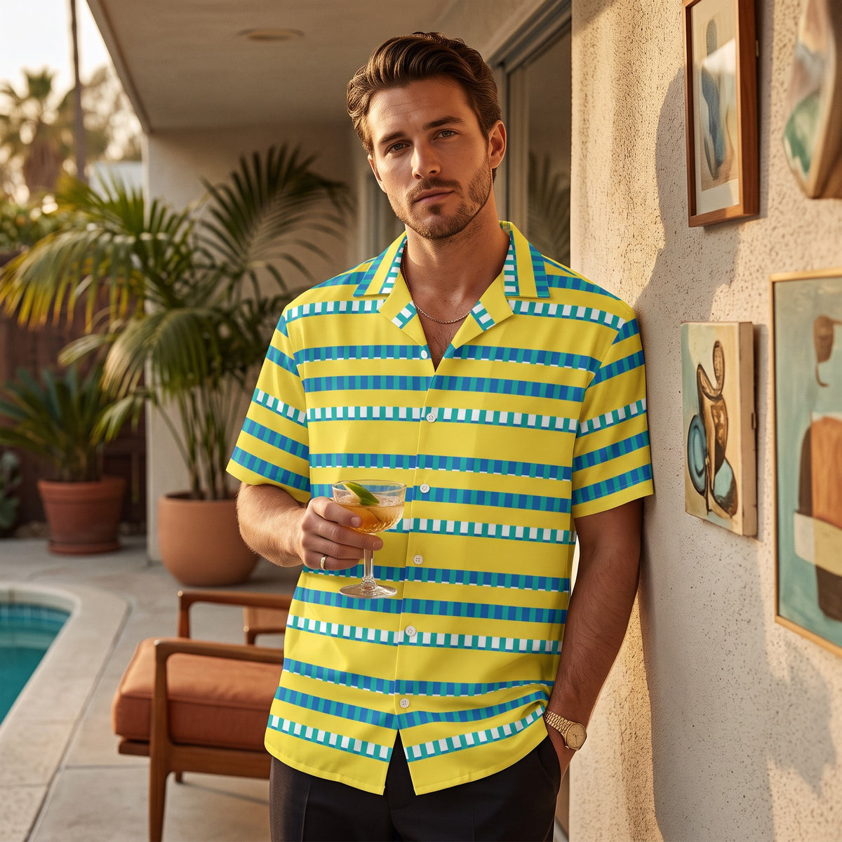 Good Wishes 365 men's casual short sleeve button-up shirt with yellow, blue, and white horizontal stripes and camp collar