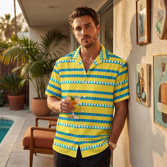 Good Wishes 365 men's casual short sleeve button-up shirt with yellow, blue, and white horizontal stripes and camp collar