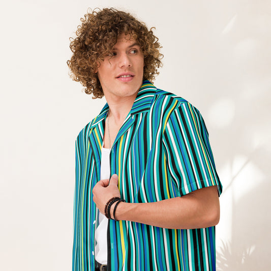 Good Wishes 365 men's oversized short-sleeve button-up shirt with green, blue, and yellow vertical stripes. Made from recycled polyester.