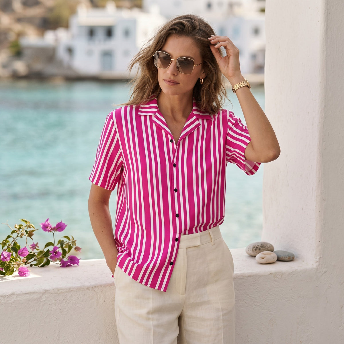 Good Wishes 365 unisex short sleeve shirt with violet and red vertical stripes and a camp collar worn by a woman.