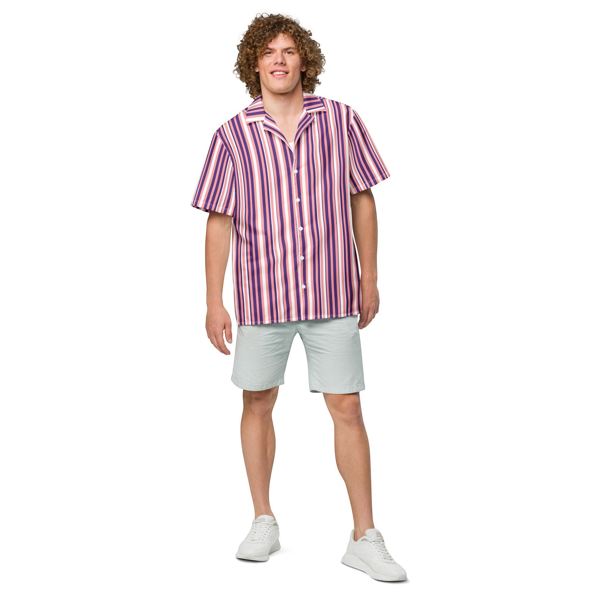 Good Wishes 365 men's short sleeve button shirt with purple and pink vertical stripes and a relaxed camp collar.