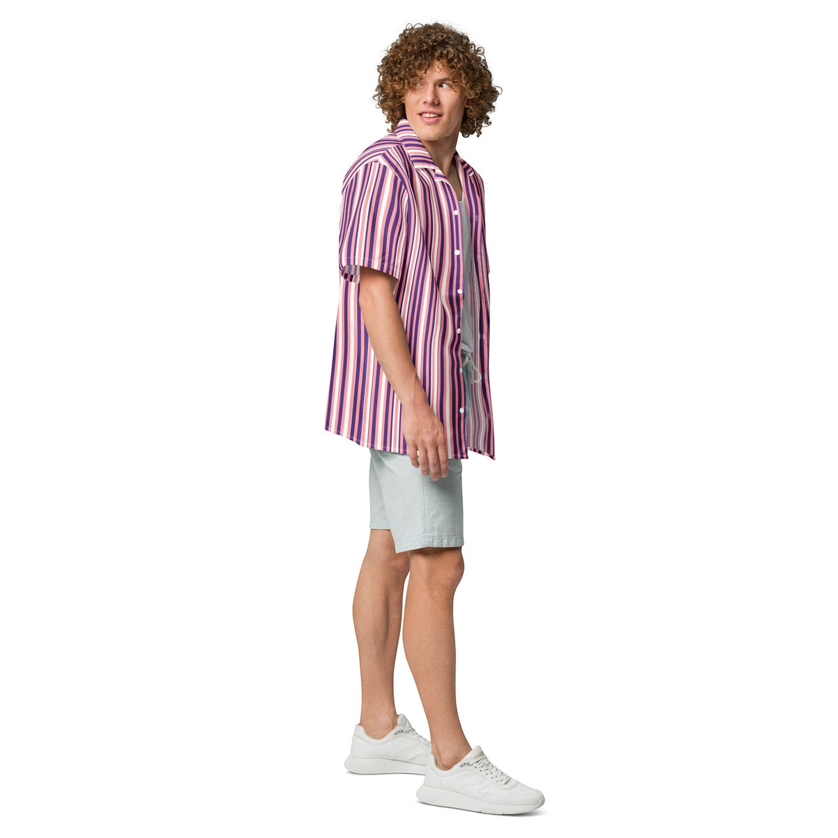 Good Wishes 365 men's purple and pink vertical striped short sleeve camp collar shirt worn with light shorts