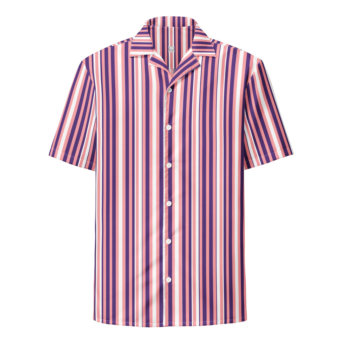Good Wishes 365 men's short sleeve button shirt with a purple, pink, and white vertical stripe pattern and camp collar.