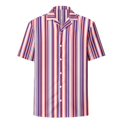 Good Wishes 365 men's short sleeve button shirt with a purple, pink, and white vertical stripe pattern and camp collar.