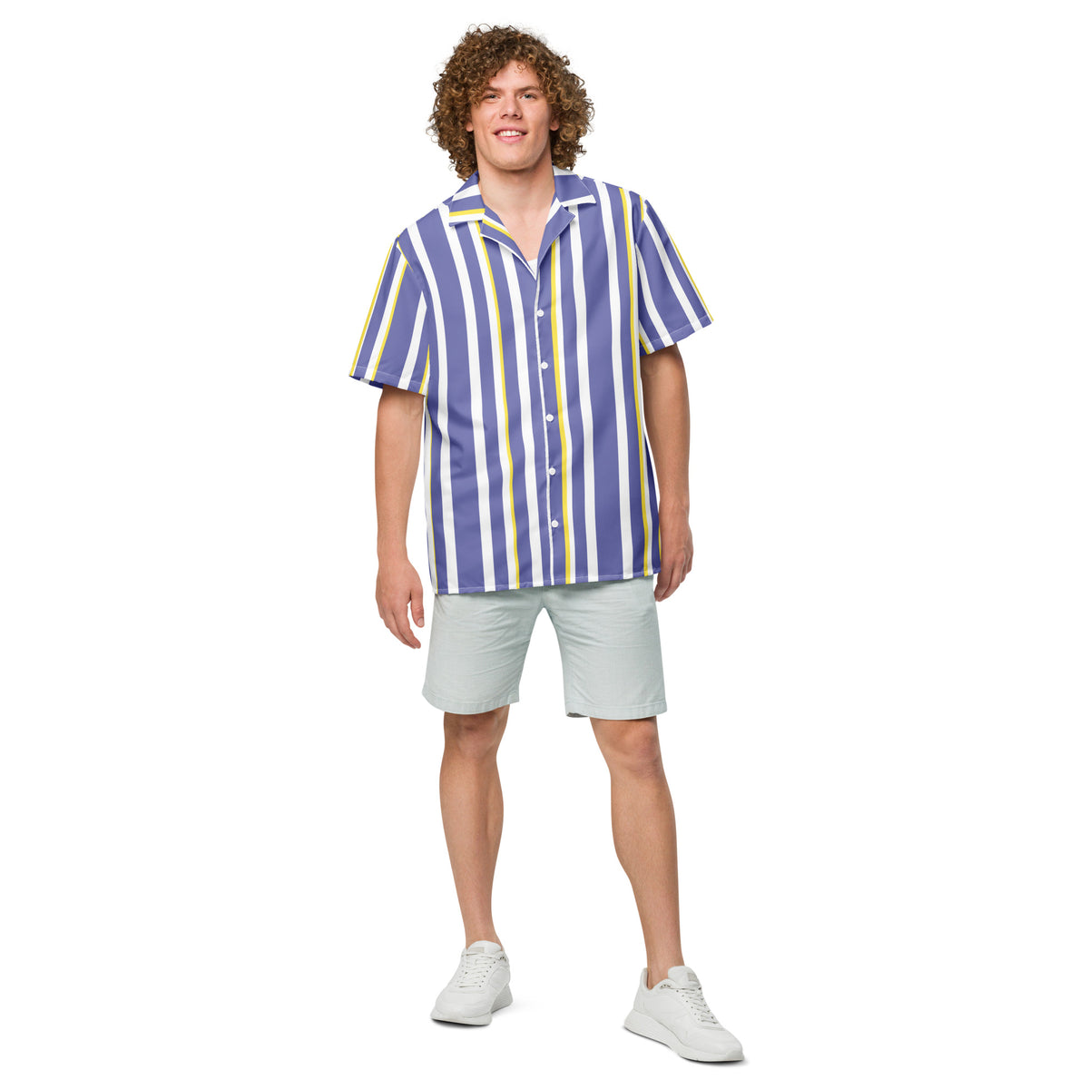 Good Wishes 365 men's periwinkle, white, and yellow vertical striped short sleeve camp collar shirt on a model.