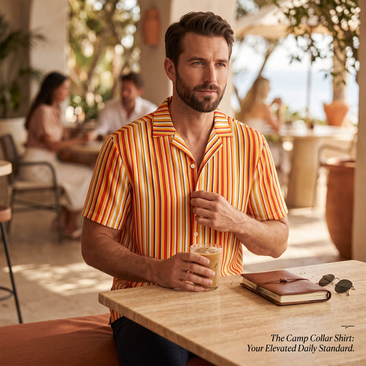 Good Wishes 365 men's short sleeve button-down shirt with yellow and red vertical stripes and a classic camp collar.