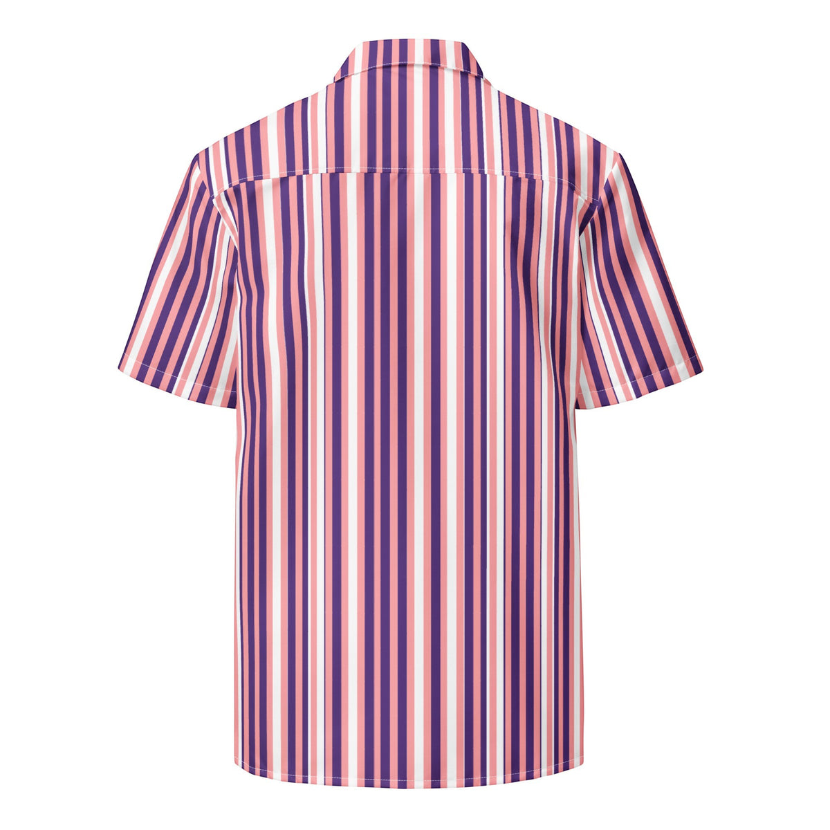 Good Wishes 365 men's short sleeve button shirt with vertical purple, pink, and white stripes and a camp collar.