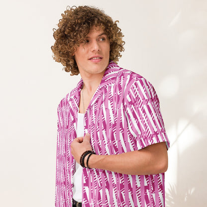 Good Wishes 365 men's red-violet and white vertical striped short-sleeve camp collar shirt in breathable fabric.
