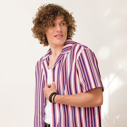 Good Wishes 365 men's purple and pink vertical striped short sleeve camp collar shirt worn over a white tank top