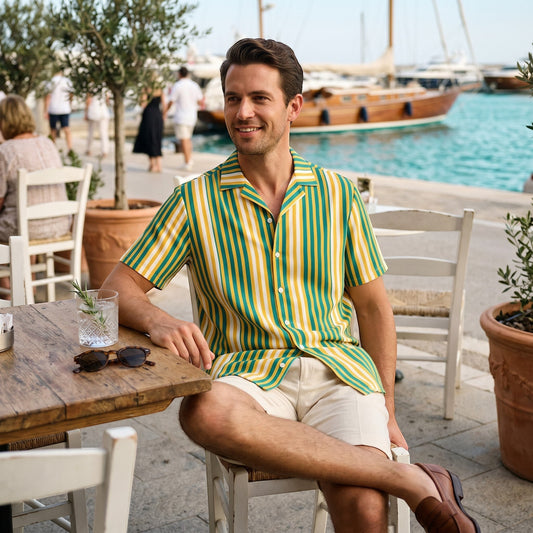Good Wishes 365 men's yellow and blue vertical striped short sleeve camp collar shirt worn at a seaside cafe