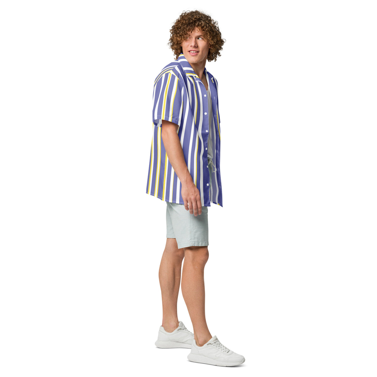 Good Wishes 365 men's periwinkle, white, and yellow vertical striped short sleeve camp collar shirt on a model