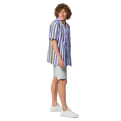 Good Wishes 365 men's periwinkle, white, and yellow vertical striped short sleeve camp collar shirt on a model