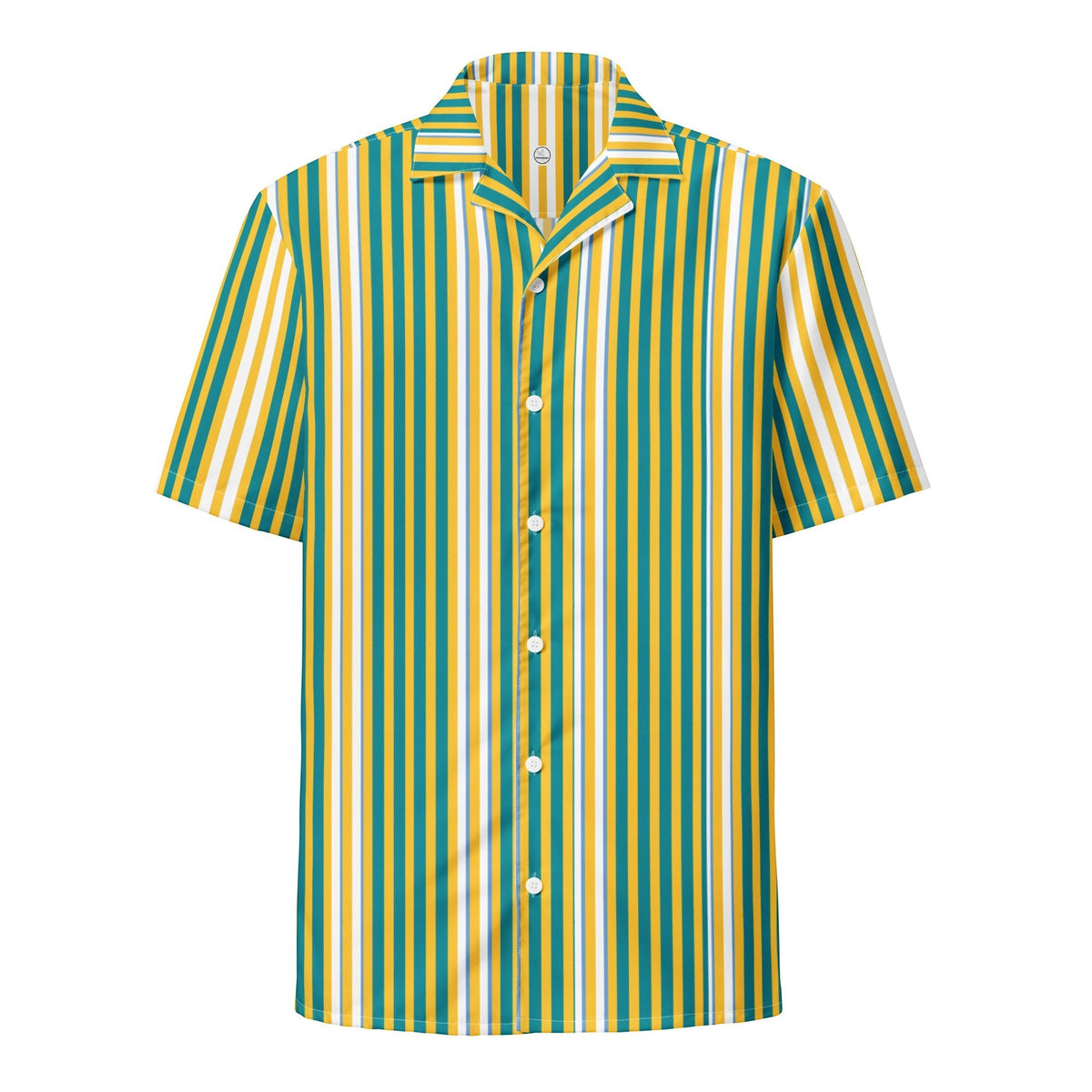 Good Wishes 365 men's short sleeve button-down shirt with yellow, blue, and white vertical stripes and a camp collar.