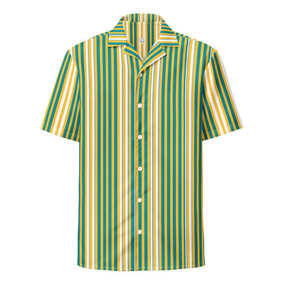 Good Wishes 365 men's short sleeve button-down shirt with yellow, blue, and white vertical stripes and a camp collar.