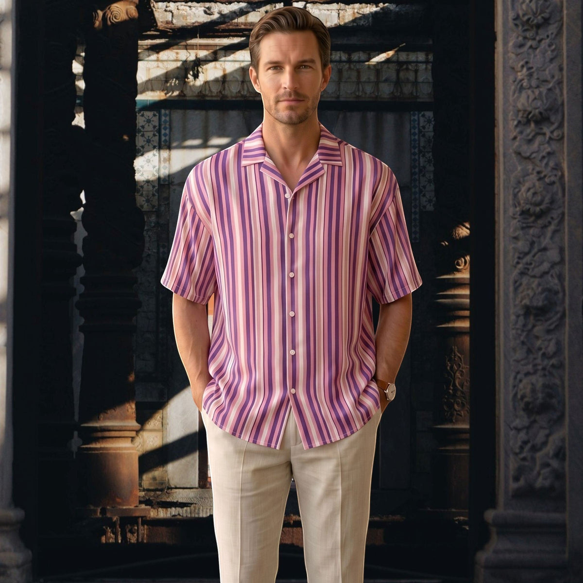 Good Wishes 365 men's short sleeve button shirt with purple and pink vertical stripes and a relaxed camp collar.