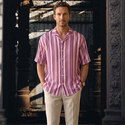 Good Wishes 365 men's short sleeve button shirt with purple and pink vertical stripes and a relaxed camp collar.