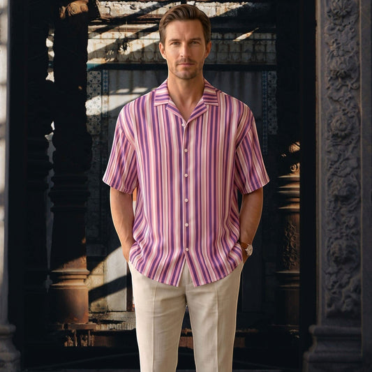 Good Wishes 365 men's short sleeve button shirt with purple and pink vertical stripes and a relaxed camp collar.