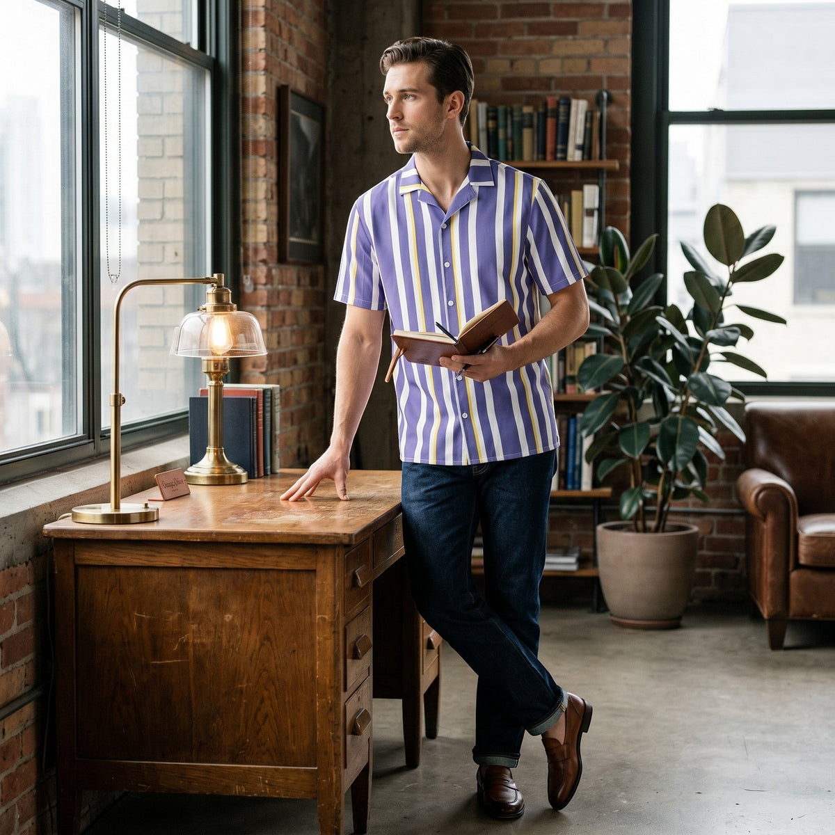 Good Wishes 365 men's periwinkle, white, and yellow vertical striped short sleeve camp collar shirt in a home office.