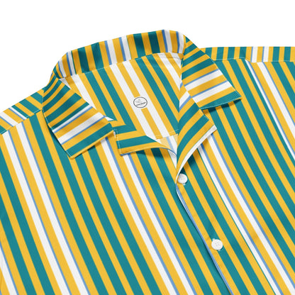 Good Wishes 365 yellow and blue vertical striped short sleeve button shirt with a relaxed camp collar.