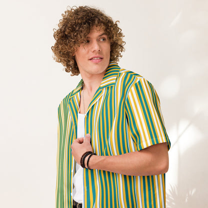 Good Wishes 365 men's yellow and blue vertical striped short sleeve camp collar shirt worn over a white tank top
