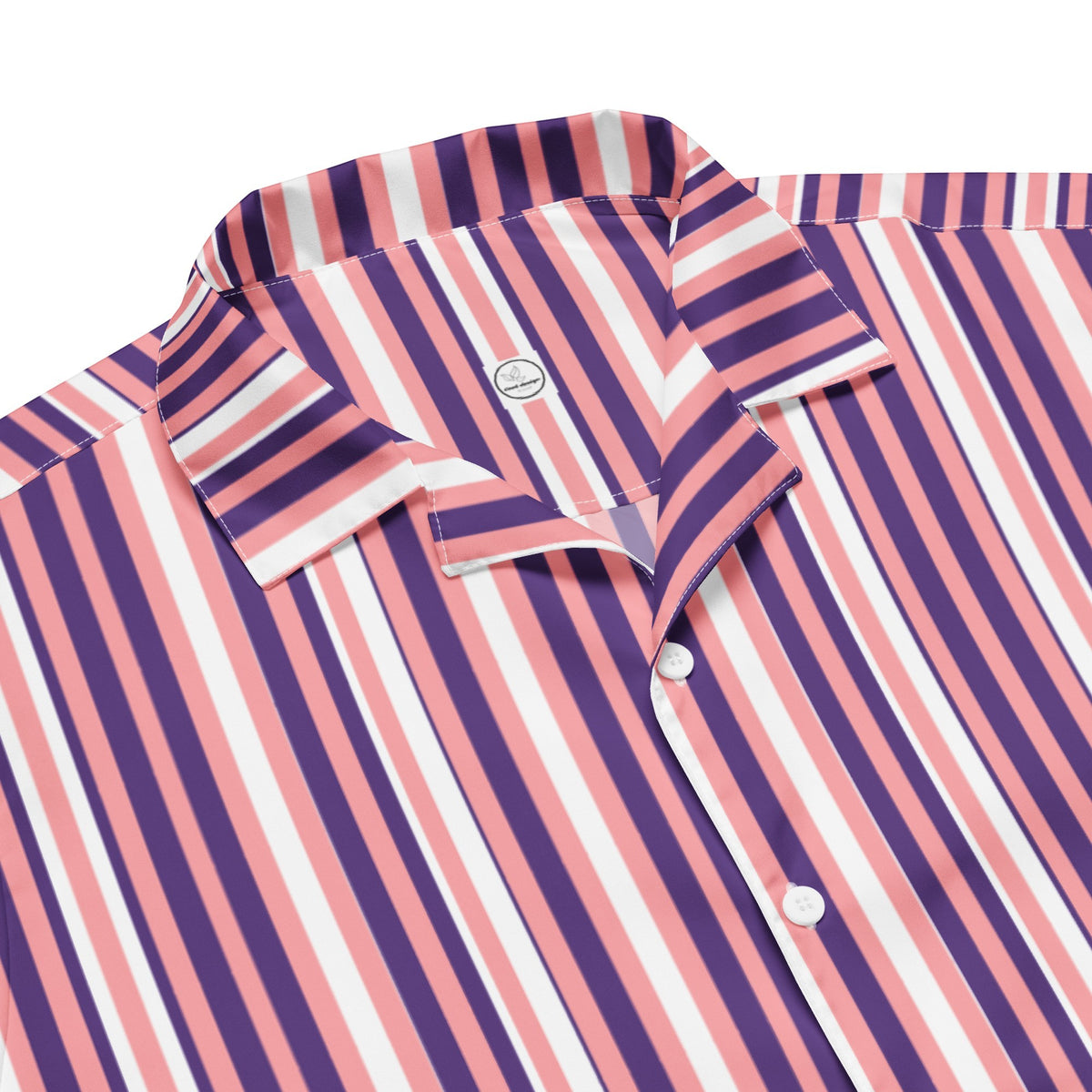 Good Wishes 365 men's short sleeve button shirt with a purple, pink, and white vertical stripe pattern and camp collar.