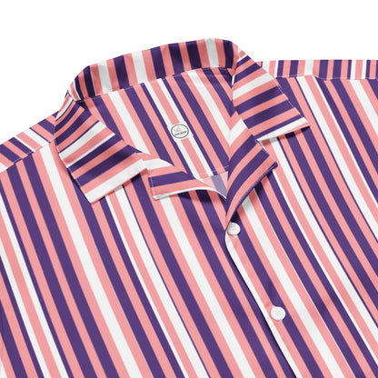 Good Wishes 365 men's short sleeve button shirt with a purple, pink, and white vertical stripe pattern and camp collar.