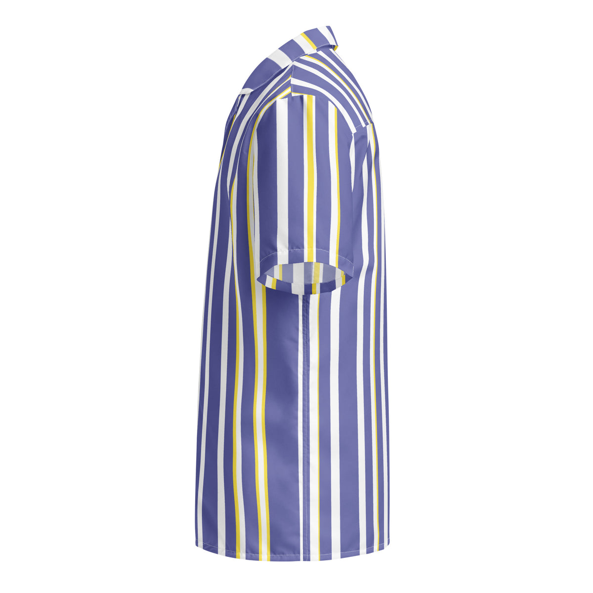 Good Wishes 365 periwinkle, white, and yellow vertical striped short sleeve camp collar shirt, side view.