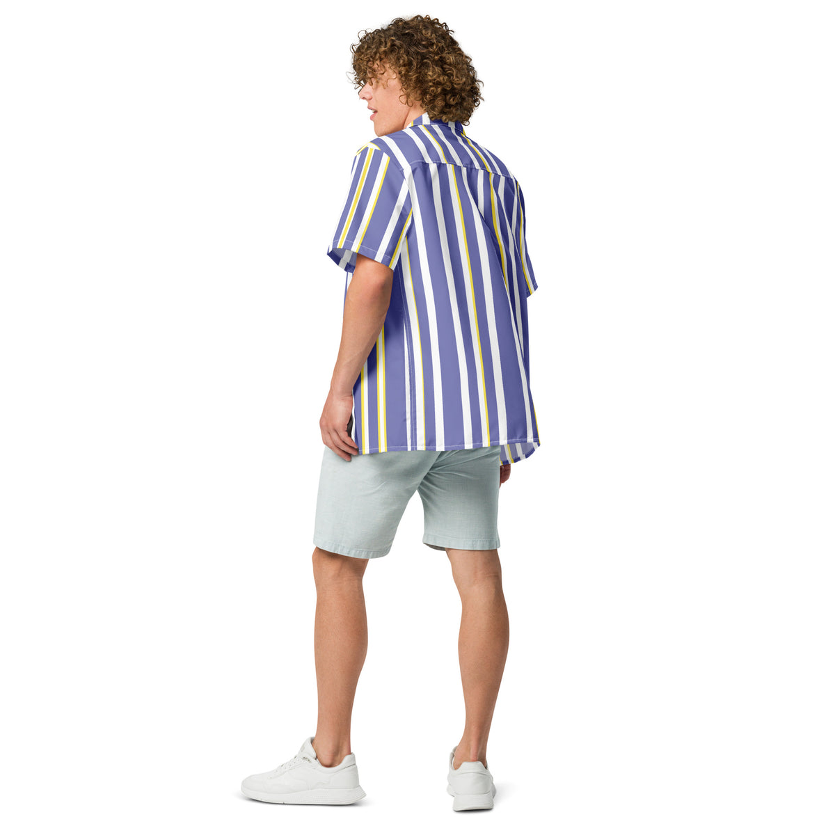 Good Wishes 365 men's periwinkle, white, and yellow vertical striped short sleeve camp collar shirt, back view.
