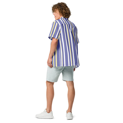 Good Wishes 365 men's periwinkle, white, and yellow vertical striped short sleeve camp collar shirt, back view.