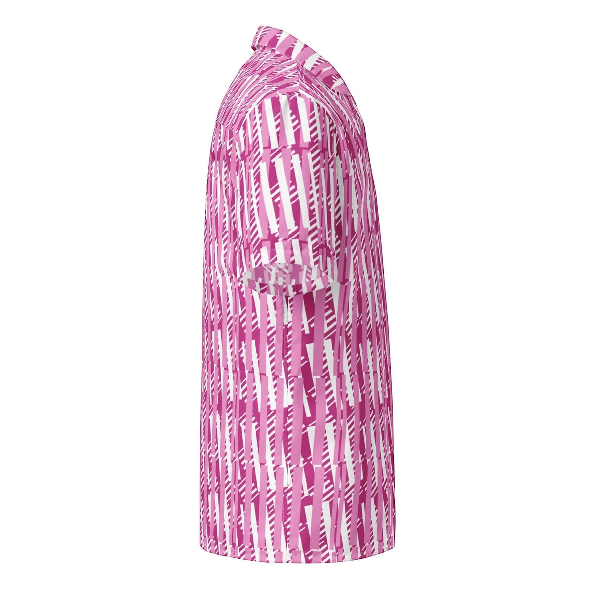 Good Wishes 365 red violet and white vertical striped short sleeve camp collar shirt, side view