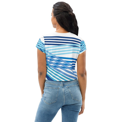Good Wishes 365 blue and white striped short sleeve crop tee worn by a woman, back view