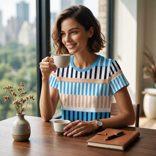 Good Wishes 365 woman wearing a deep sky blue striped crop tee while drinking coffee by a city view window