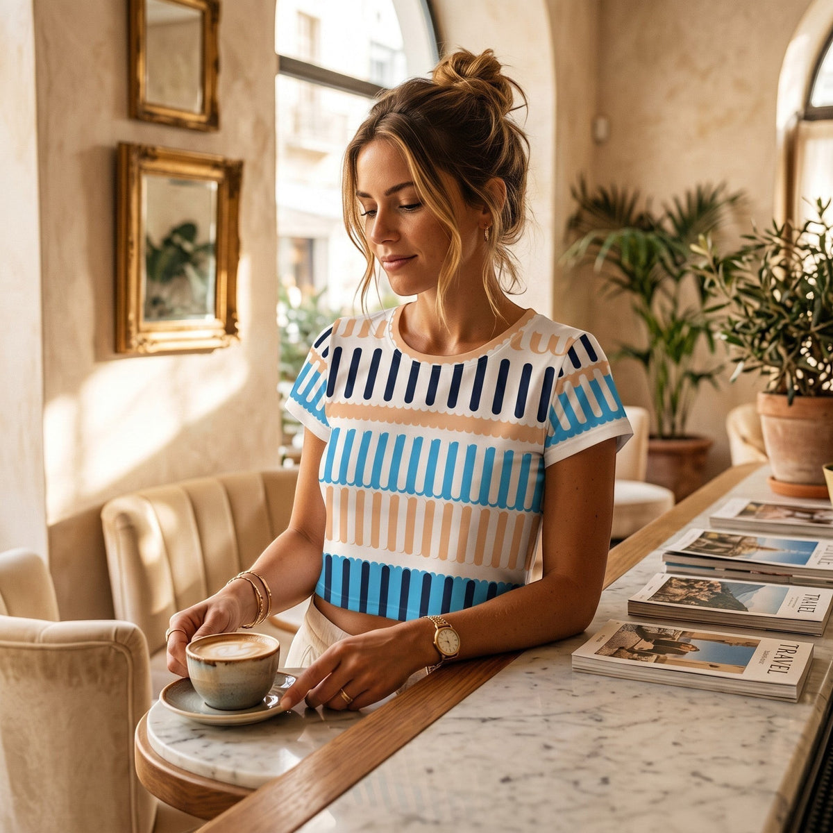 Good Wishes 365 crop tee with blue and beige striped pattern worn by a woman in a sunlit cafe