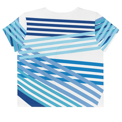 Good Wishes 365 casual short sleeve crop tee featuring a blue and white multi-directional geometric stripe pattern.